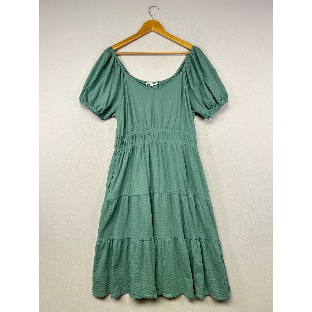 Cottagecore Destination 365 Womens MP Green Textured Puff Sleeve Tiered Dress